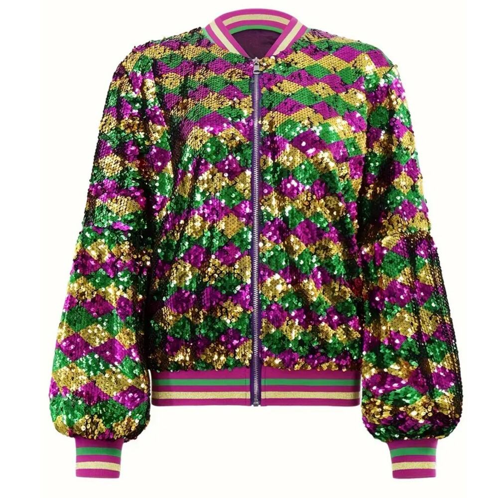 NEW Sequin Bomber Jacket M Mardi Gras New Orleans Purple Green Gold Glitter Rave - Picture 3 of 6